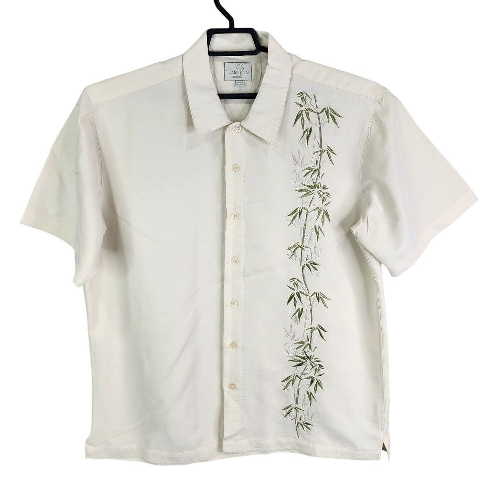 Mens Beige Trader Bay Hawaiian Shirt Button Up Short Sleeve Rayon Blend Size L